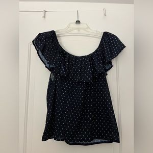 H&M Blue Patterned Off The Shoulder Ruffle Neck Top
